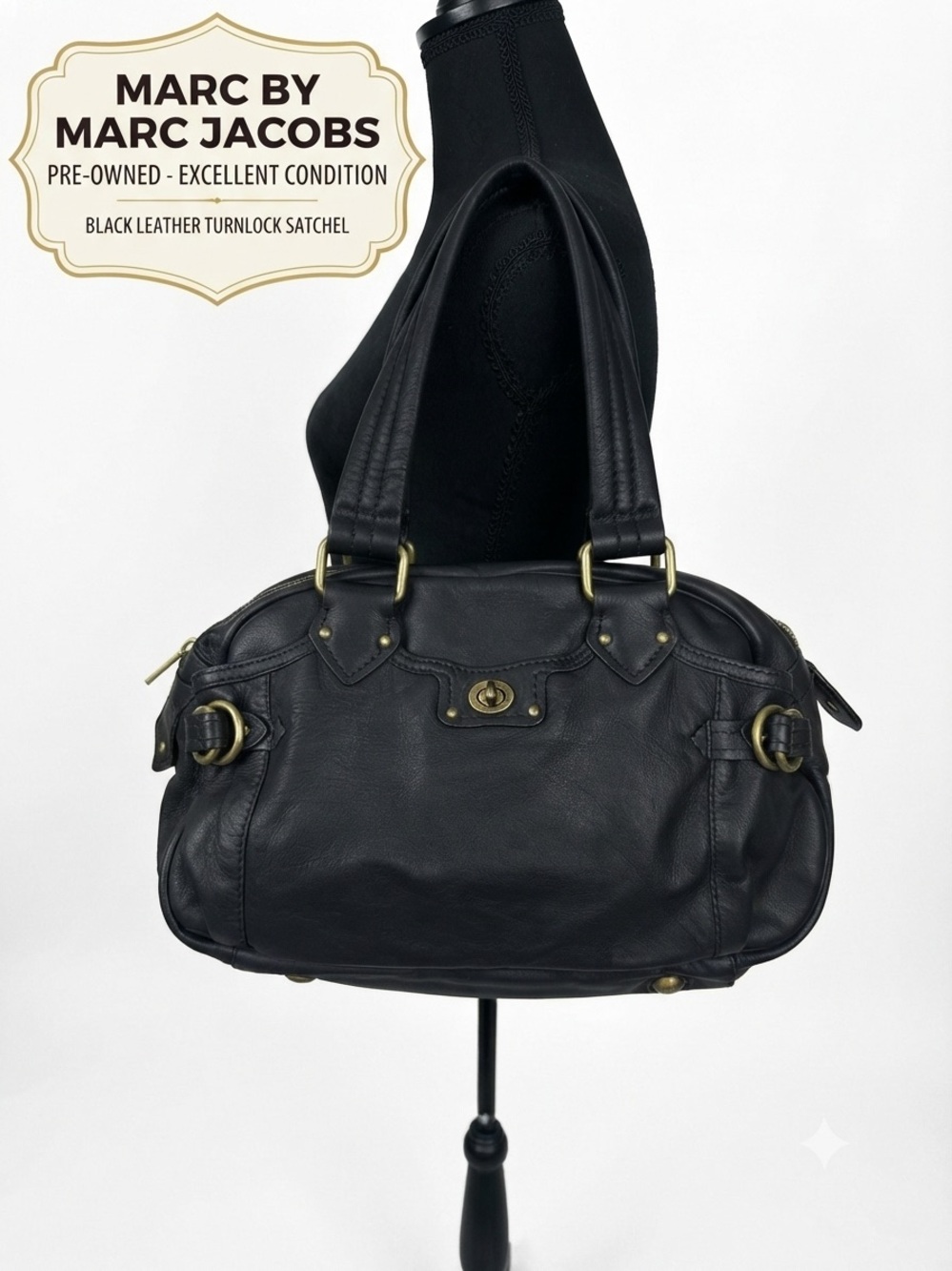 Marc by Marc Jacobs Black Leather Turnlock Satchel Shoulder Bag